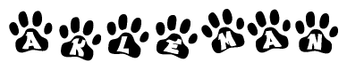 The image shows a series of animal paw prints arranged horizontally. Within each paw print, there's a letter; together they spell Akleman