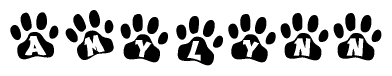 The image shows a series of animal paw prints arranged horizontally. Within each paw print, there's a letter; together they spell Amylynn