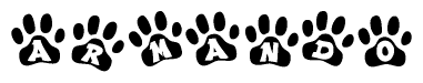 The image shows a series of animal paw prints arranged in a horizontal line. Each paw print contains a letter, and together they spell out the word Armando.