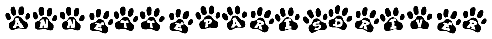 The image shows a series of animal paw prints arranged horizontally. Within each paw print, there's a letter; together they spell Annetteparisdriver