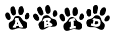 The image shows a series of animal paw prints arranged in a horizontal line. Each paw print contains a letter, and together they spell out the word Abid.