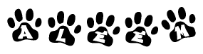 The image shows a row of animal paw prints, each containing a letter. The letters spell out the word Aleem within the paw prints.