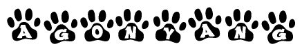 The image shows a series of animal paw prints arranged in a horizontal line. Each paw print contains a letter, and together they spell out the word Agonyang.