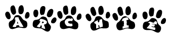 The image shows a row of animal paw prints, each containing a letter. The letters spell out the word Archie within the paw prints.