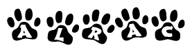The image shows a row of animal paw prints, each containing a letter. The letters spell out the word Alrac within the paw prints.