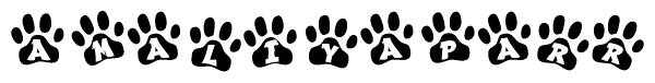 The image shows a series of animal paw prints arranged horizontally. Within each paw print, there's a letter; together they spell Amaliyaparr