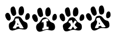 The image shows a row of animal paw prints, each containing a letter. The letters spell out the word Aixa within the paw prints.
