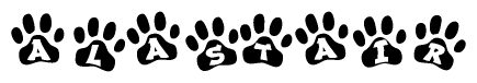 The image shows a series of animal paw prints arranged in a horizontal line. Each paw print contains a letter, and together they spell out the word Alastair.