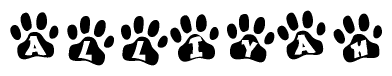 The image shows a row of animal paw prints, each containing a letter. The letters spell out the word Alliyah within the paw prints.