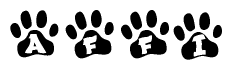 The image shows a series of animal paw prints arranged horizontally. Within each paw print, there's a letter; together they spell Affi