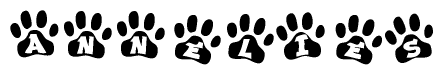 The image shows a series of animal paw prints arranged in a horizontal line. Each paw print contains a letter, and together they spell out the word Annelies.