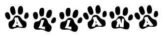 The image shows a series of animal paw prints arranged horizontally. Within each paw print, there's a letter; together they spell Allana