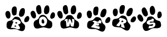 The image shows a row of animal paw prints, each containing a letter. The letters spell out the word Bowers within the paw prints.