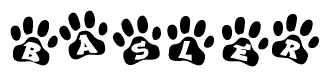 The image shows a series of animal paw prints arranged horizontally. Within each paw print, there's a letter; together they spell Basler