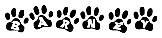 The image shows a series of animal paw prints arranged horizontally. Within each paw print, there's a letter; together they spell Barney