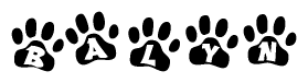 The image shows a series of animal paw prints arranged horizontally. Within each paw print, there's a letter; together they spell Balyn