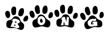The image shows a series of animal paw prints arranged in a horizontal line. Each paw print contains a letter, and together they spell out the word Bong.