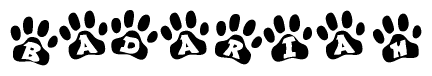 The image shows a row of animal paw prints, each containing a letter. The letters spell out the word Badariah within the paw prints.