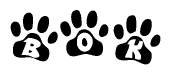 The image shows a series of animal paw prints arranged horizontally. Within each paw print, there's a letter; together they spell Bok
