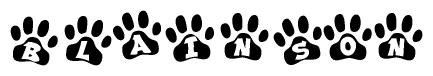The image shows a series of animal paw prints arranged in a horizontal line. Each paw print contains a letter, and together they spell out the word Blainson.