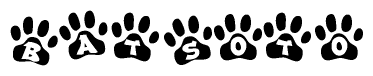 The image shows a series of animal paw prints arranged in a horizontal line. Each paw print contains a letter, and together they spell out the word Batsoto.