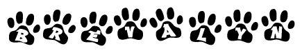 The image shows a series of animal paw prints arranged horizontally. Within each paw print, there's a letter; together they spell Brevalyn