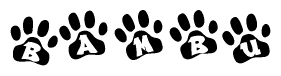 The image shows a series of animal paw prints arranged in a horizontal line. Each paw print contains a letter, and together they spell out the word Bambu.