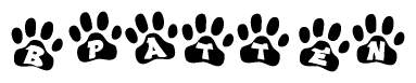 The image shows a series of animal paw prints arranged in a horizontal line. Each paw print contains a letter, and together they spell out the word Bpatten.