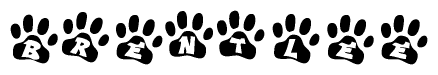 The image shows a row of animal paw prints, each containing a letter. The letters spell out the word Brentlee within the paw prints.