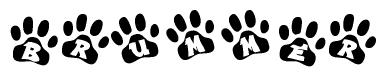 The image shows a row of animal paw prints, each containing a letter. The letters spell out the word Brummer within the paw prints.