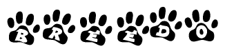 The image shows a row of animal paw prints, each containing a letter. The letters spell out the word Breedo within the paw prints.