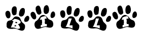 The image shows a series of animal paw prints arranged in a horizontal line. Each paw print contains a letter, and together they spell out the word Billi.