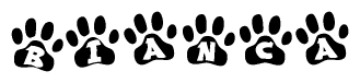 The image shows a series of animal paw prints arranged horizontally. Within each paw print, there's a letter; together they spell Bianca