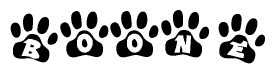 The image shows a series of animal paw prints arranged in a horizontal line. Each paw print contains a letter, and together they spell out the word Boone.