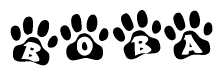 The image shows a series of animal paw prints arranged in a horizontal line. Each paw print contains a letter, and together they spell out the word Boba.