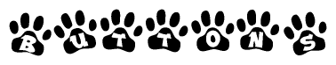 The image shows a series of animal paw prints arranged horizontally. Within each paw print, there's a letter; together they spell Buttons