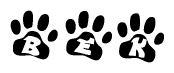 The image shows a row of animal paw prints, each containing a letter. The letters spell out the word Bek within the paw prints.
