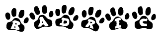 The image shows a series of animal paw prints arranged horizontally. Within each paw print, there's a letter; together they spell Badric
