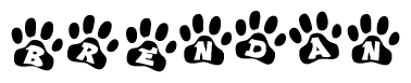 The image shows a series of animal paw prints arranged in a horizontal line. Each paw print contains a letter, and together they spell out the word Brendan.