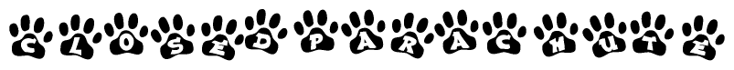 The image shows a series of animal paw prints arranged in a horizontal line. Each paw print contains a letter, and together they spell out the word Closedparachute.