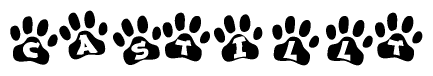 The image shows a row of animal paw prints, each containing a letter. The letters spell out the word Castillt within the paw prints.