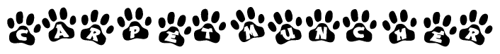 The image shows a row of animal paw prints, each containing a letter. The letters spell out the word Carpetmuncher within the paw prints.