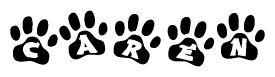 The image shows a series of animal paw prints arranged in a horizontal line. Each paw print contains a letter, and together they spell out the word Caren.