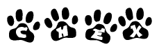 The image shows a series of animal paw prints arranged in a horizontal line. Each paw print contains a letter, and together they spell out the word Chex.