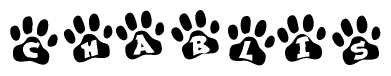 The image shows a series of animal paw prints arranged in a horizontal line. Each paw print contains a letter, and together they spell out the word Chablis.