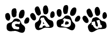 The image shows a series of animal paw prints arranged horizontally. Within each paw print, there's a letter; together they spell Cadu