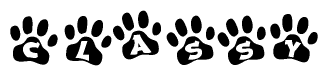 The image shows a series of animal paw prints arranged in a horizontal line. Each paw print contains a letter, and together they spell out the word Classy.