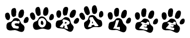 The image shows a series of animal paw prints arranged in a horizontal line. Each paw print contains a letter, and together they spell out the word Coralee.