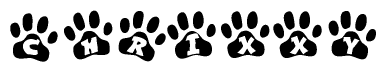 The image shows a row of animal paw prints, each containing a letter. The letters spell out the word Chrixxy within the paw prints.