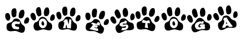 The image shows a series of animal paw prints arranged horizontally. Within each paw print, there's a letter; together they spell Conestoga
